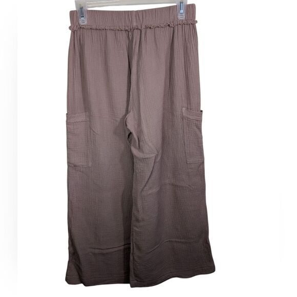 Monrow Gauze Wide Leg Cargo in Pecan Cotton Pull On Elastic High Waist Size XS - Picture 3 of 12